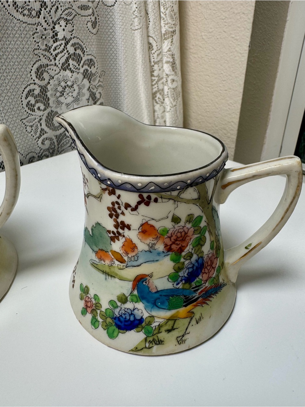 Vintage Japanese Lusterware Sugar Bowl & Creamer Set,Hand Painted Pheasant Torii - Picture 3 of 6